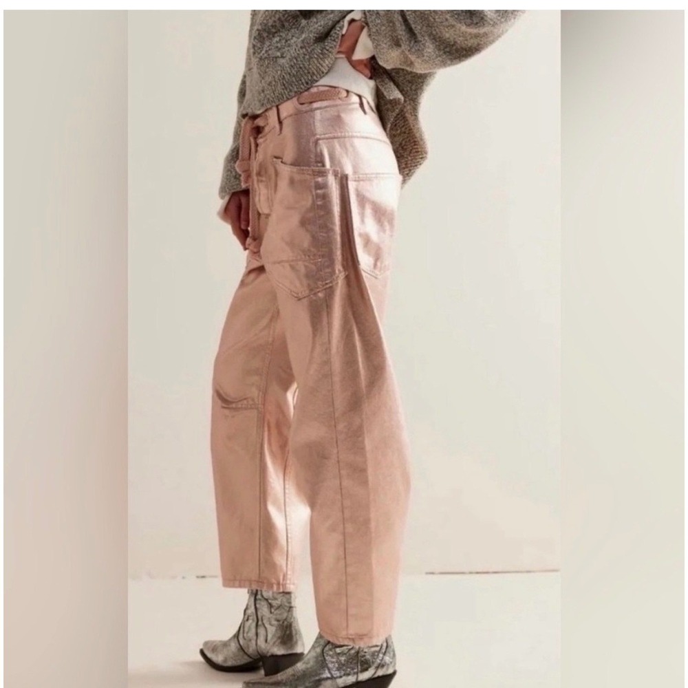 Free People Womens 29 Roxie Metallic Barrel Jeans Rose Gold Foil Statement Edgy
